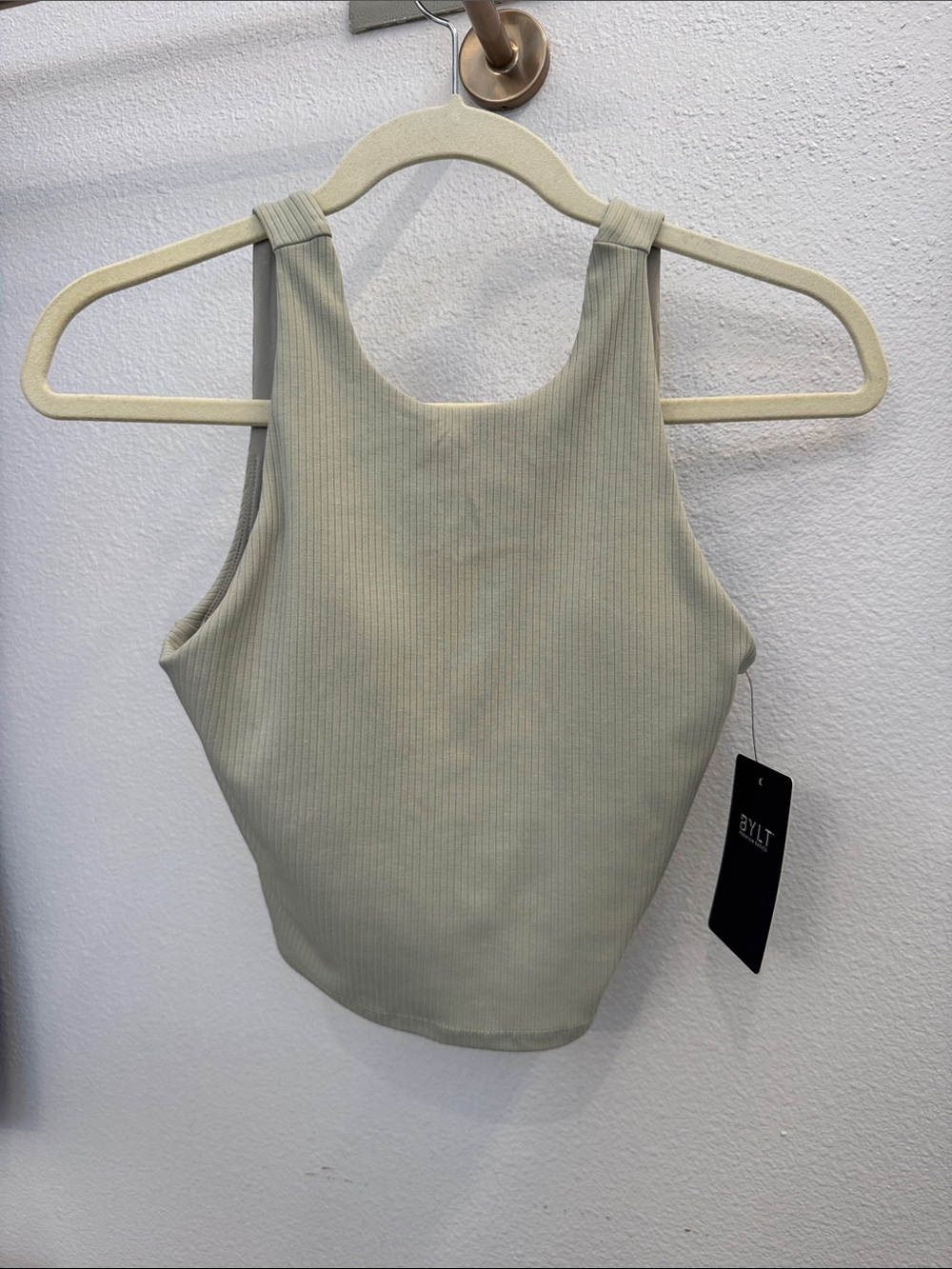 BYLT Basics Ribbed Crop Tank in Sage Green size small with built in bra